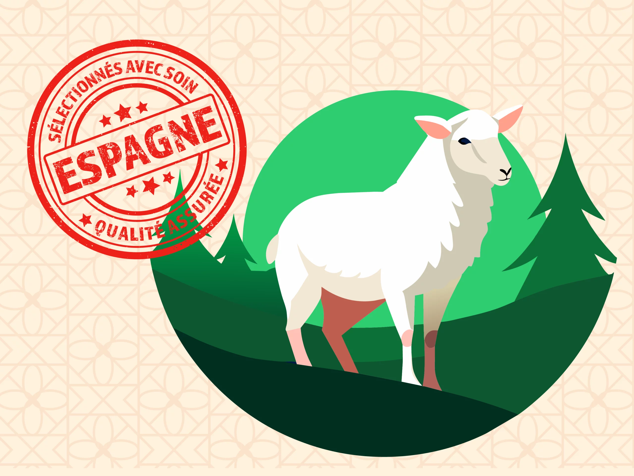 Illustration d'un agneau de l'Aïd el Kebir 2025, une illustration d'un tampon rouge où est écrit "Origine : Espagne" puis "Sélectionnés avec soin" et "Qualité assurée".