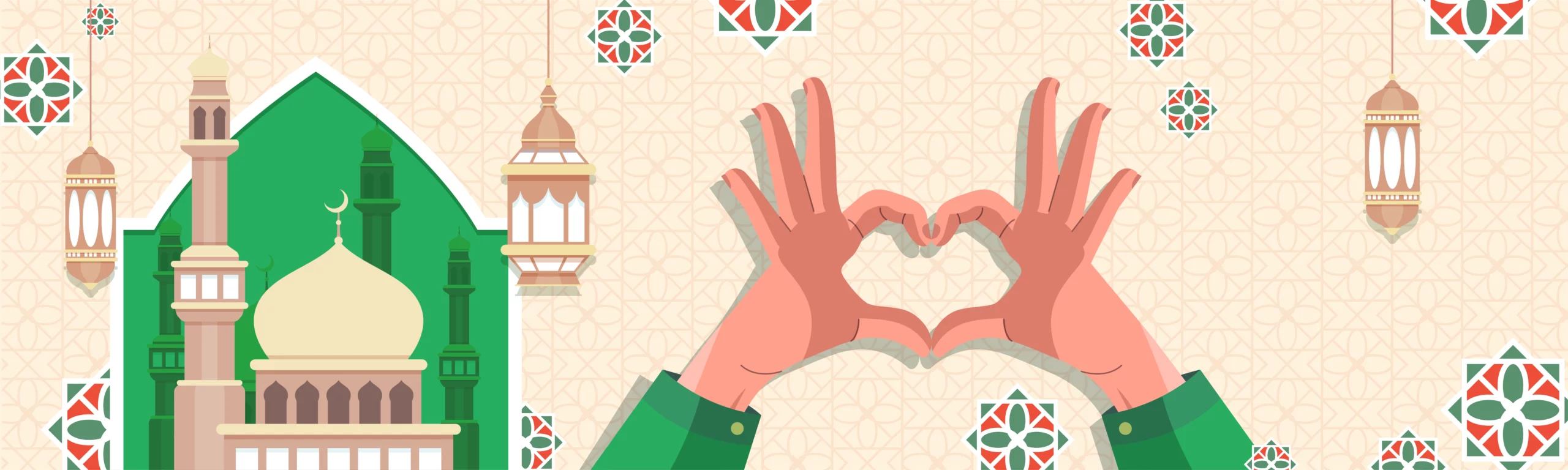 Une bannière illustrée festive avec des mains formant un coeur. Des symboles orientales et une mosquée apparaissent de part et d'autre de la bannière.