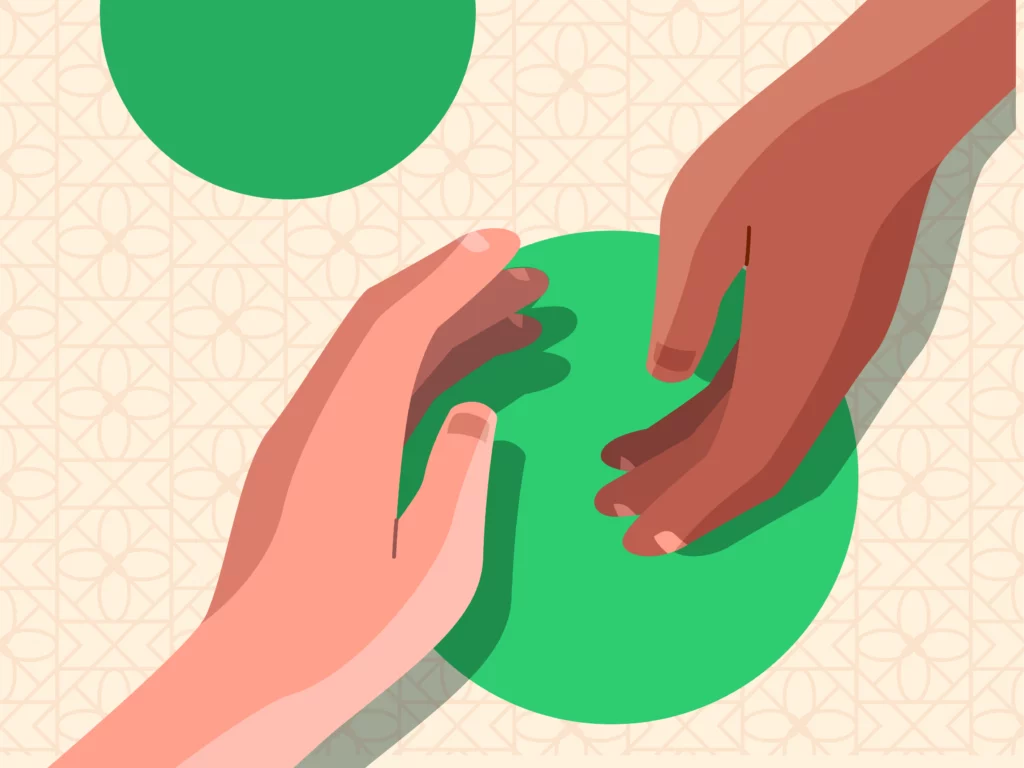 Image illustrant la solidarité pour l'Aïd el Kebir 2025, avec 2 mains qui s'approchent l'une de l'autre